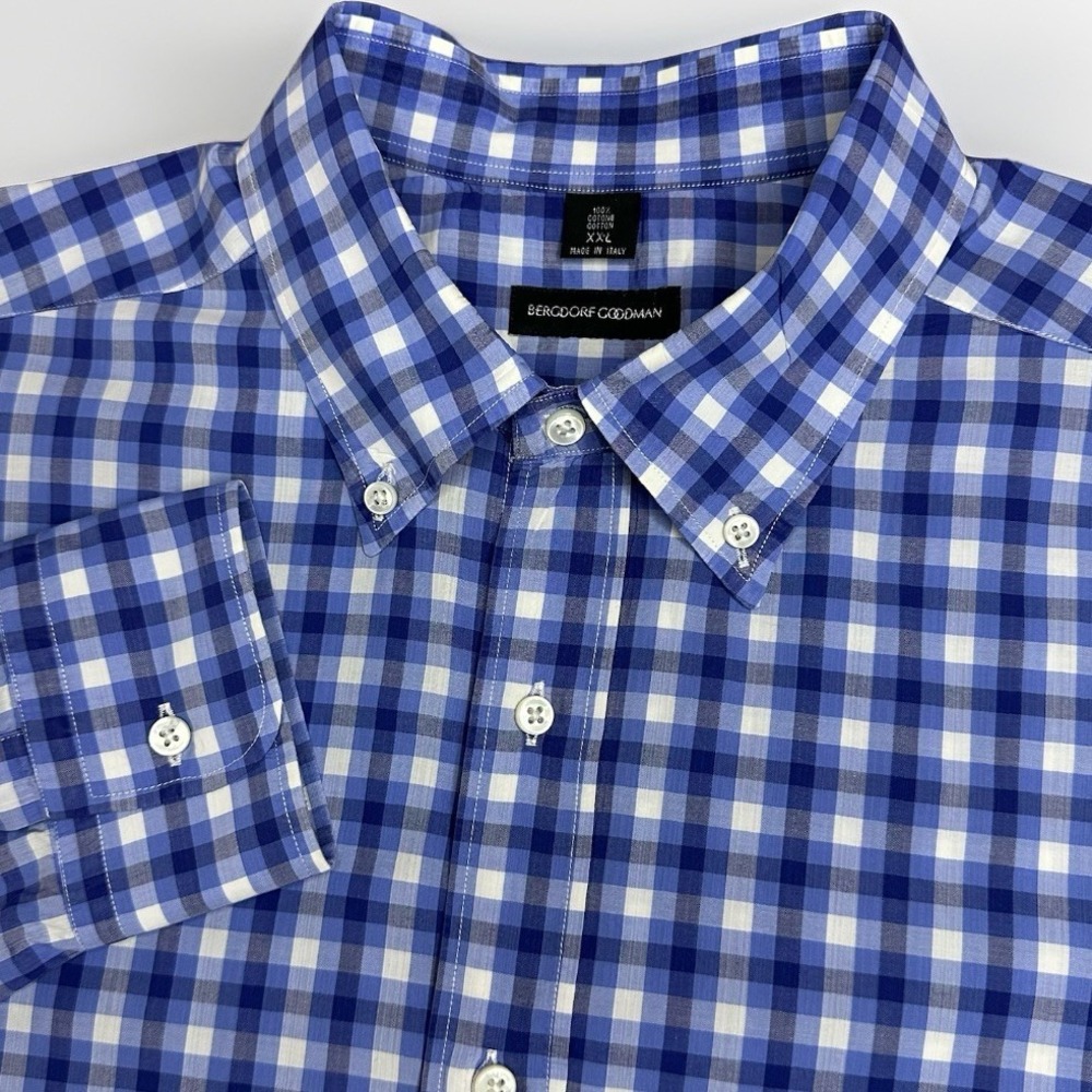 Bergdorf Goodman Shirt Mens XXL Blue Check Plaid Button Down Made in Italy
